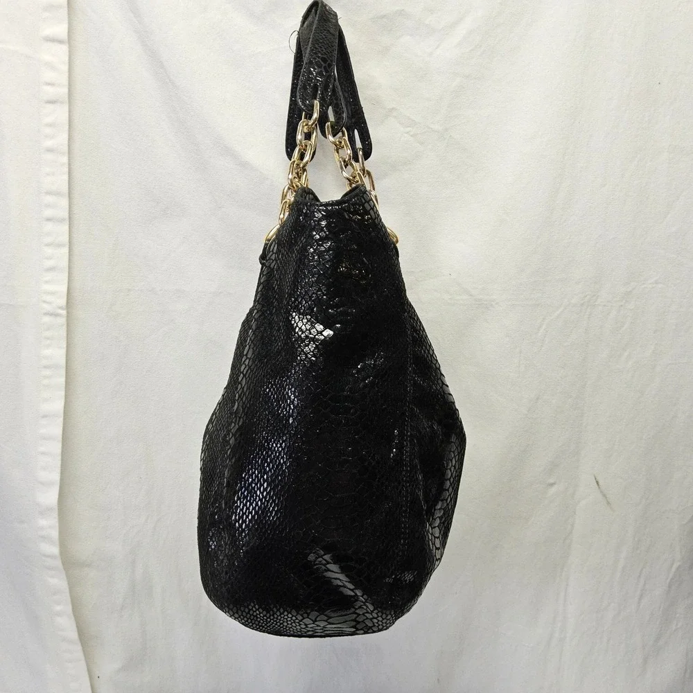 Michael Kors Fulton Shoulder Bag‎ Womens Large Black Snake Embossed Leather Gold